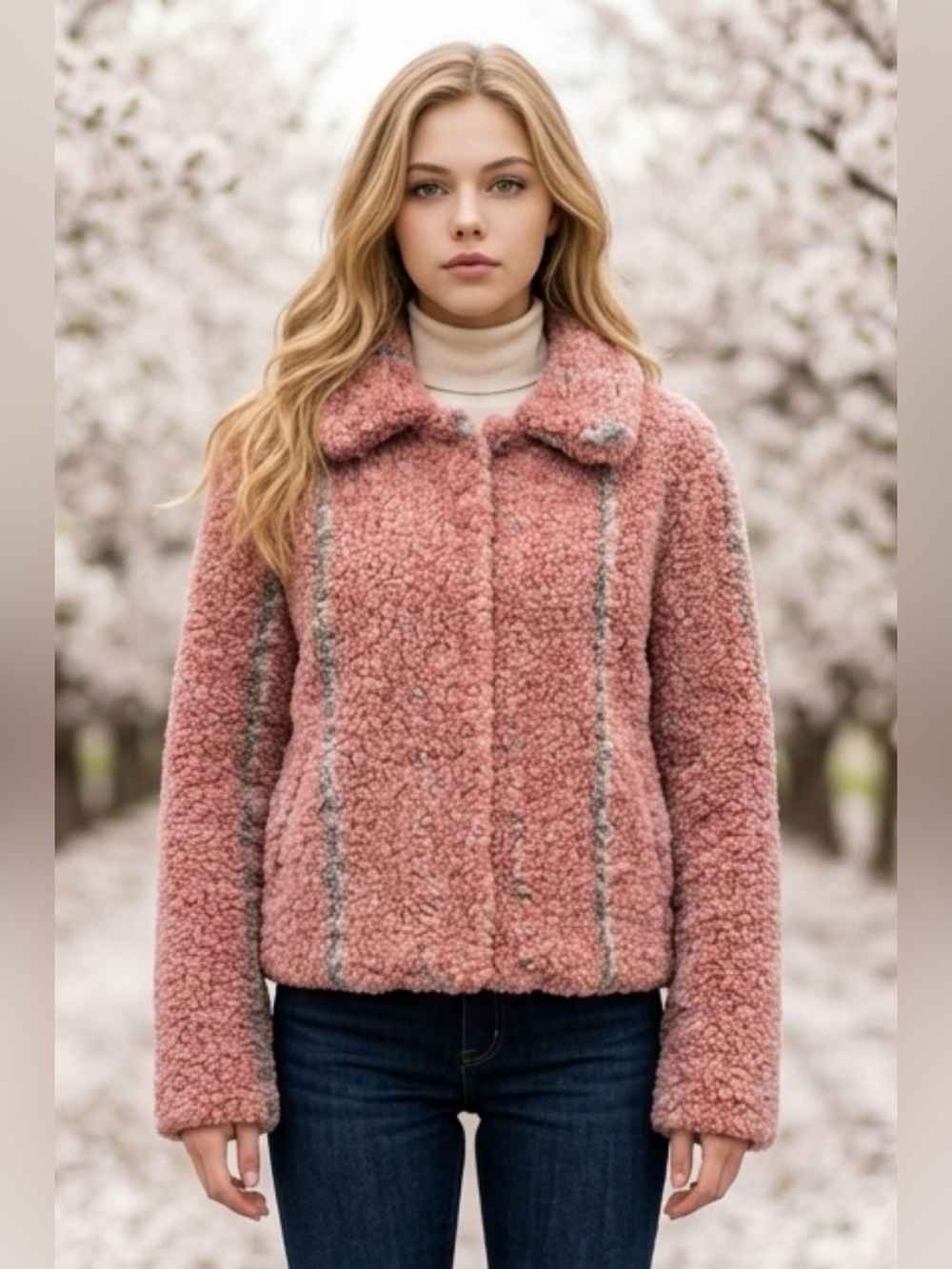 En Saison Pink Teddy Jacket with Subtle Gray Stripes